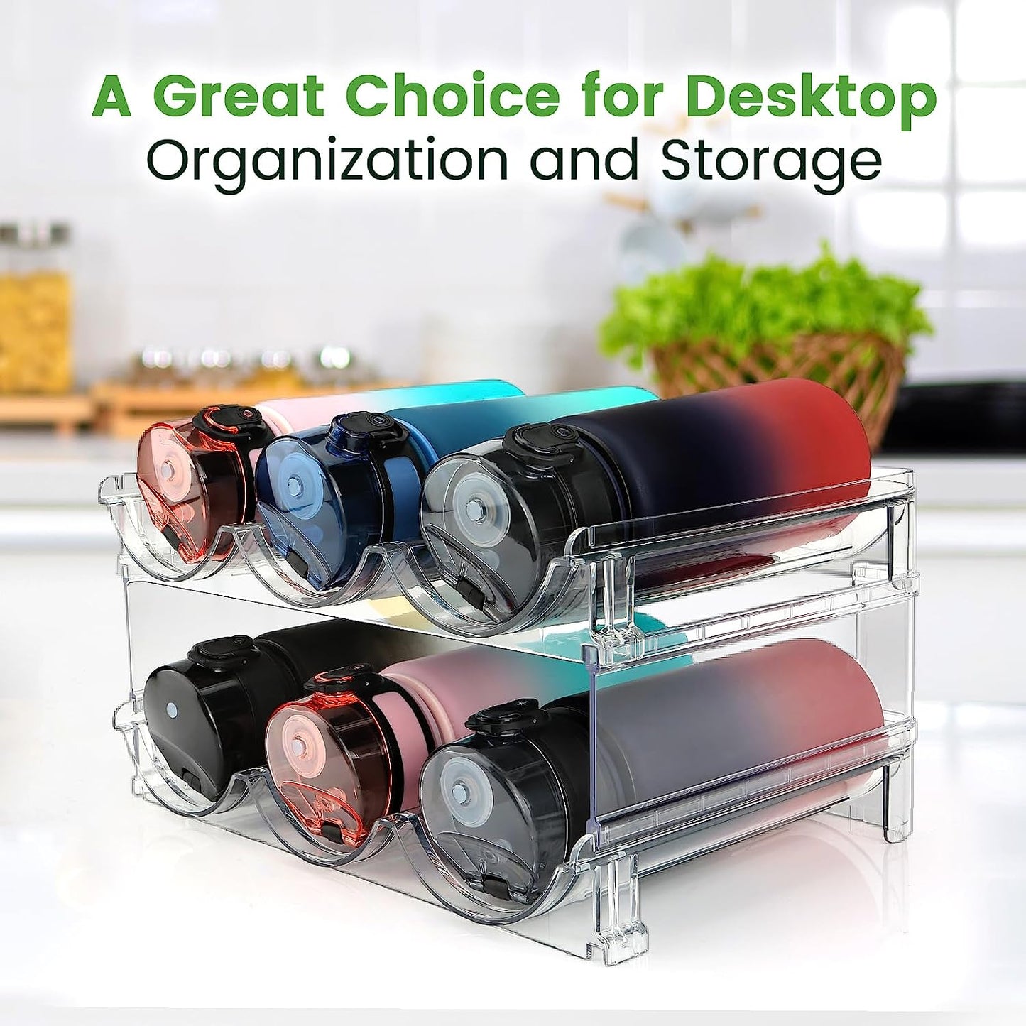 Stackable Water Bottle Organizer for Cabinet – 2 Pack Storage Rack, Space-Saving Holder.