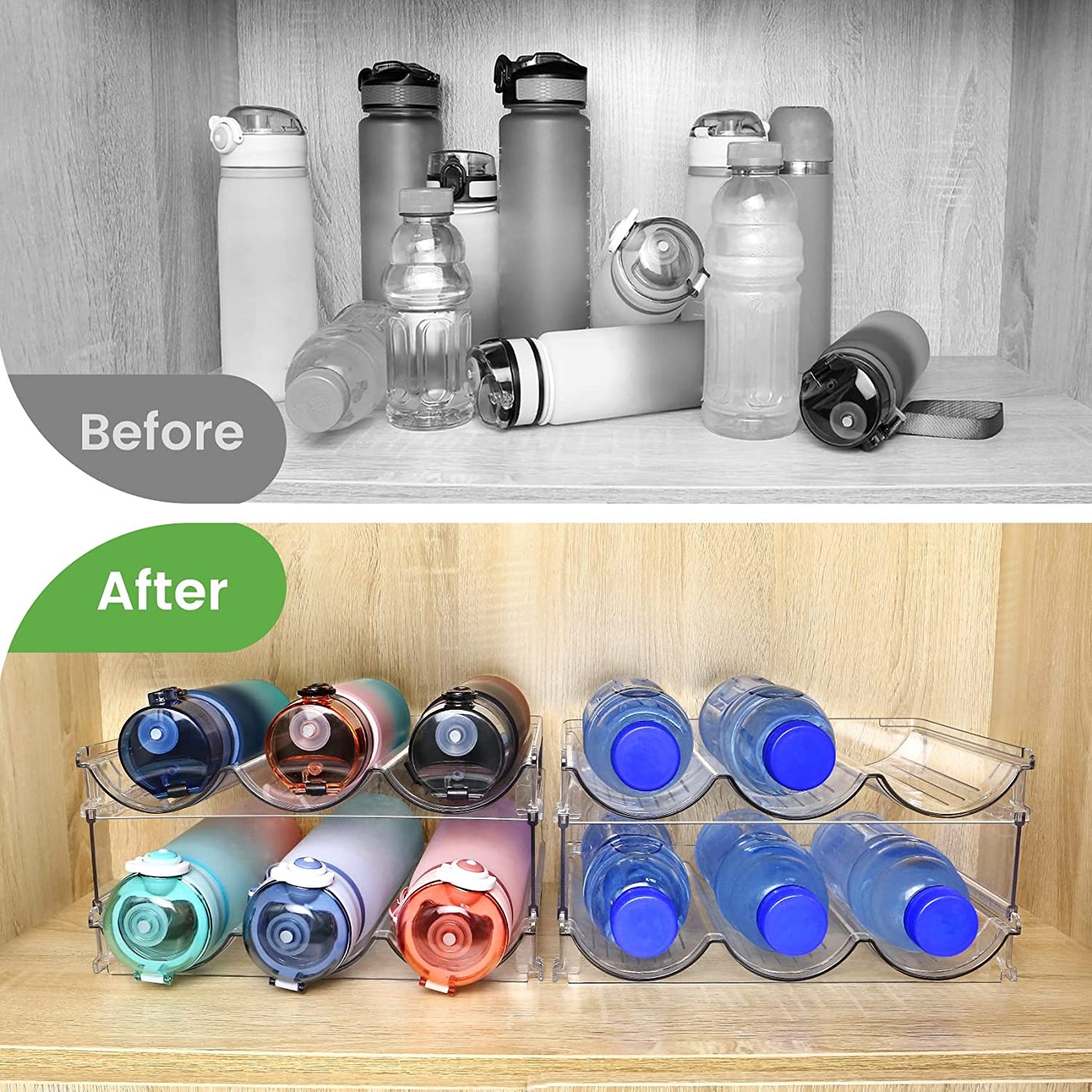 Stackable Water Bottle Organizer for Cabinet – 2 Pack Storage Rack, Space-Saving Holder.
