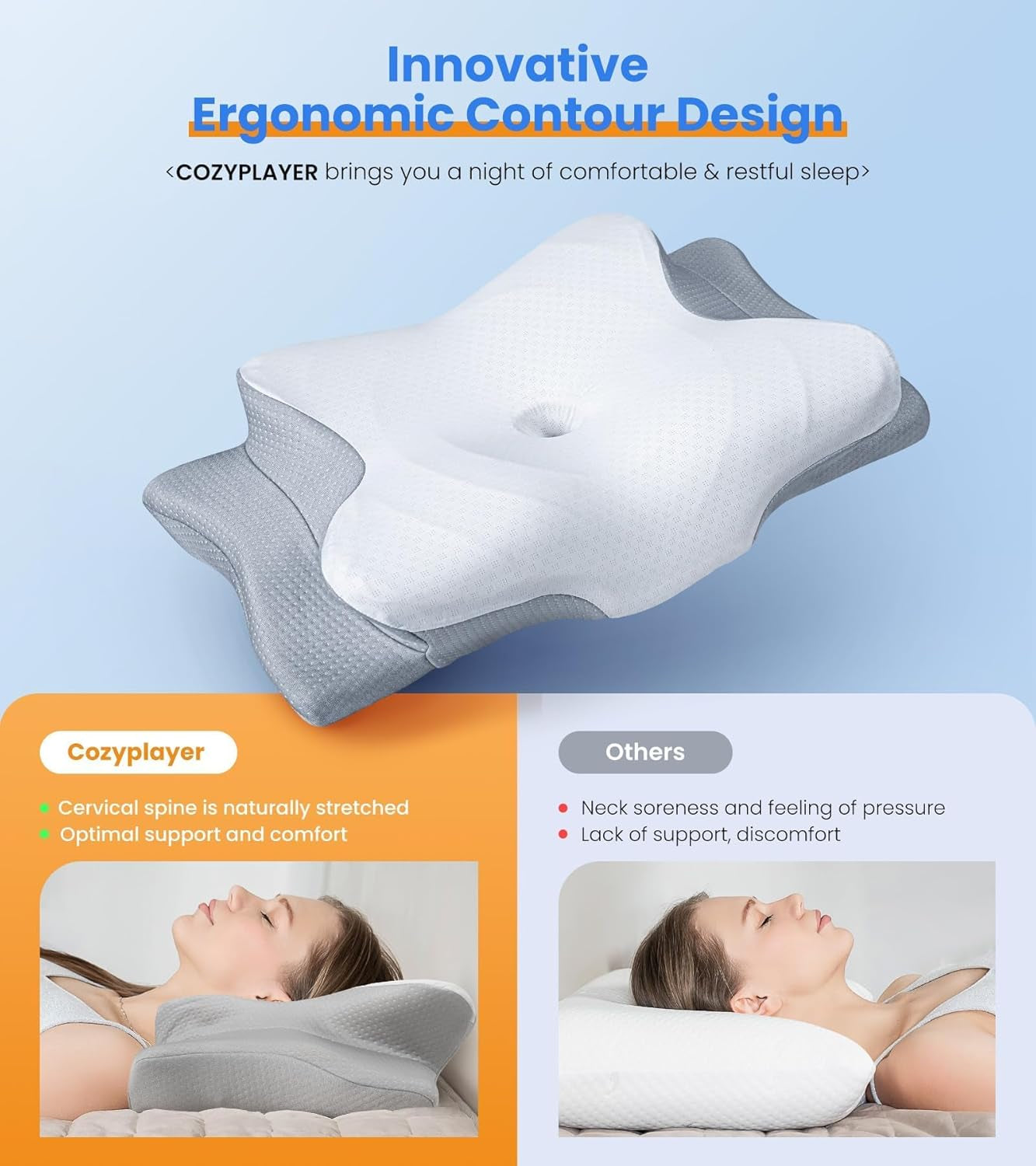 Cozyplayer Cooling Cervical Pillow – Adjustable Memory Foam Neck Support for Side, Back & Stomach Sleepers | Pain Relief, Orthopedic, 100-Night Trial.