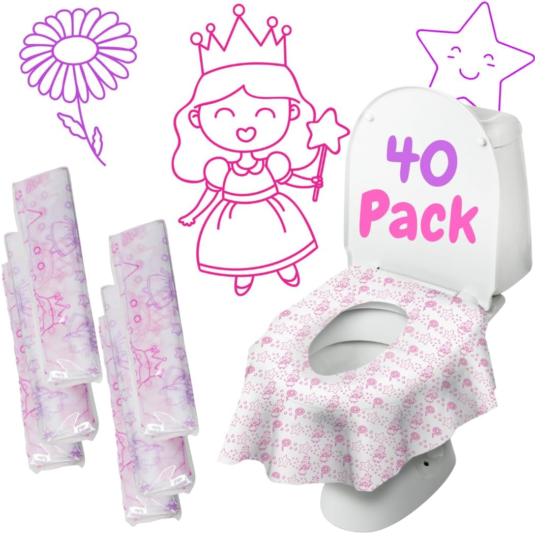 Princess Disposable Toilet Seat Covers for Kids – 40 Pack Extra Large, Waterproof & Individually Wrapped | Travel Potty Liners for Toddlers, Potty Training & Public Restrooms 