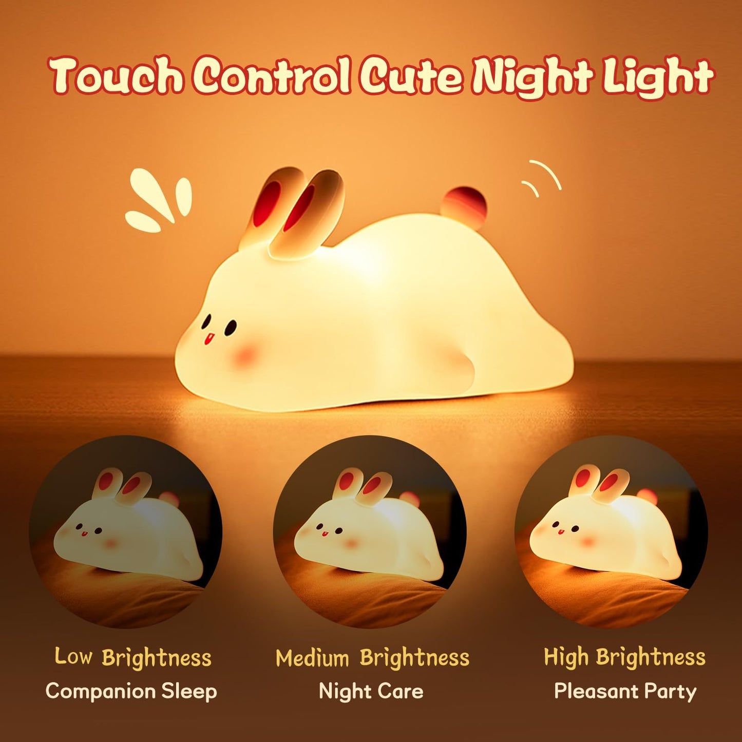 Rabbit LED Night Light — Touch Sensor Silicone Bedside Lamp for Kids.