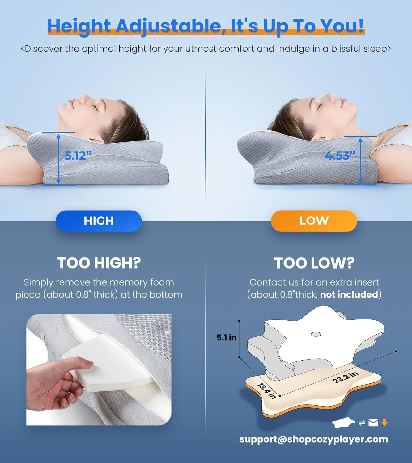 Cozyplayer Cooling Cervical Pillow – Adjustable Memory Foam Neck Support for Side, Back & Stomach Sleepers | Pain Relief, Orthopedic, 100-Night Trial.